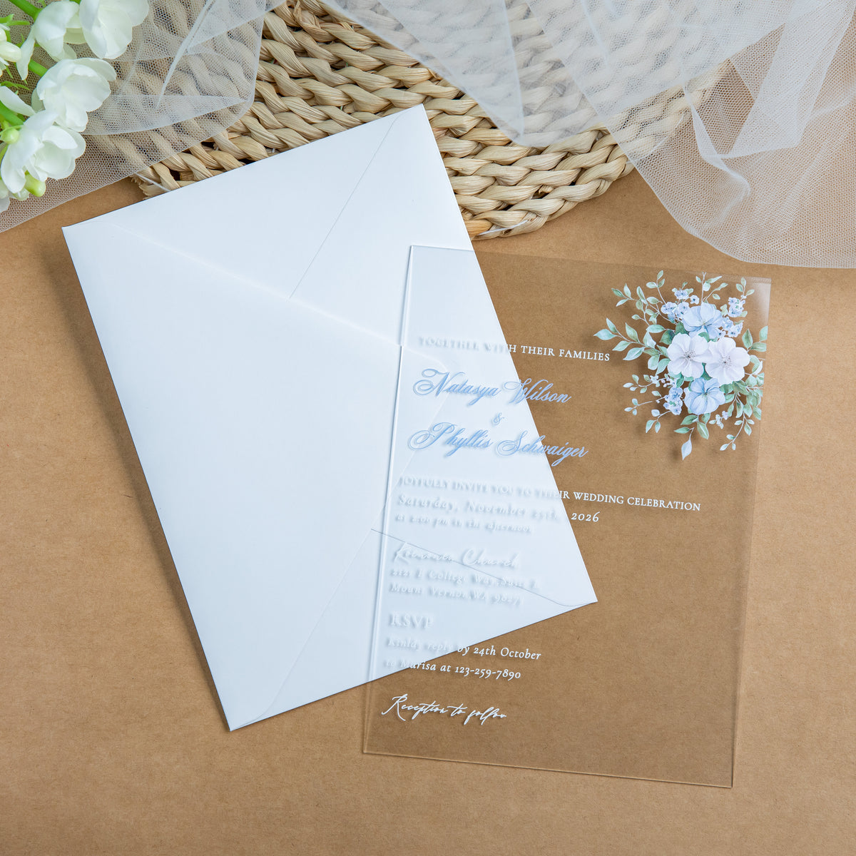 PONATIA 1mm/0.04'' Clear Acrylic Blue Flower Wedding Invitation Cards  and Ivory Envelopes