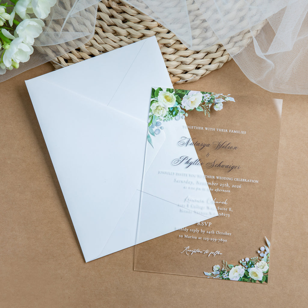 PONATIA 1mm/0.04'' Clear Acrylic White Flower Wedding Invitation Cards  and Ivory Envelopes