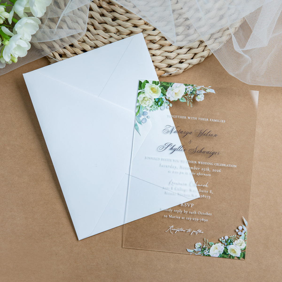 PONATIA 1mm/0.04'' Clear Acrylic White Flower Wedding Invitation Cards  and Ivory Envelopes