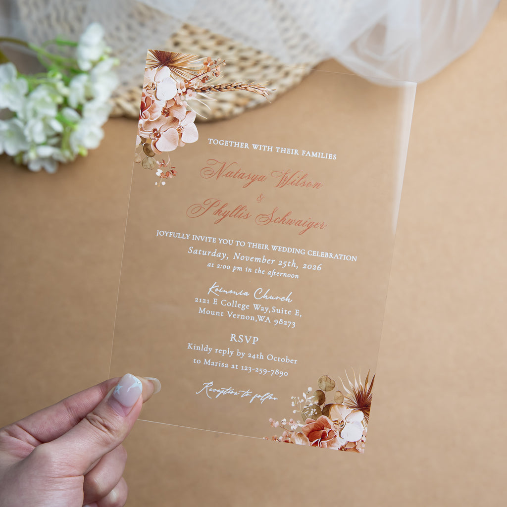PONATIA 1mm/0.04'' Clear Acrylic Floral Wedding Invitation Cards  and Burnt Orange Envelope