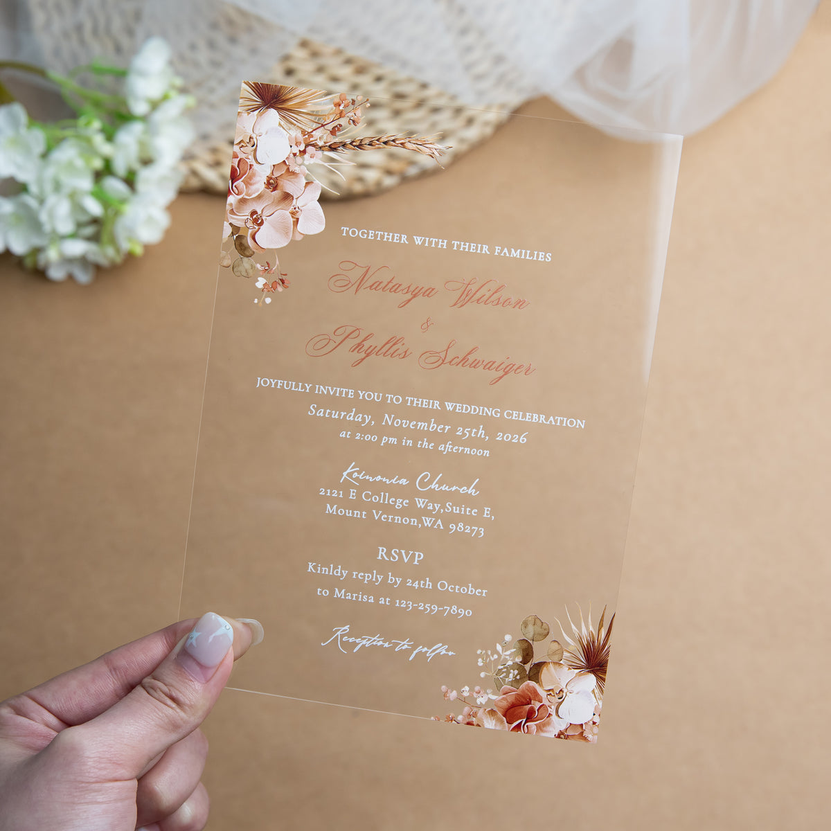 PONATIA 1mm/0.04'' Clear Acrylic Floral Wedding Invitation Cards  and Burnt Orange Envelope