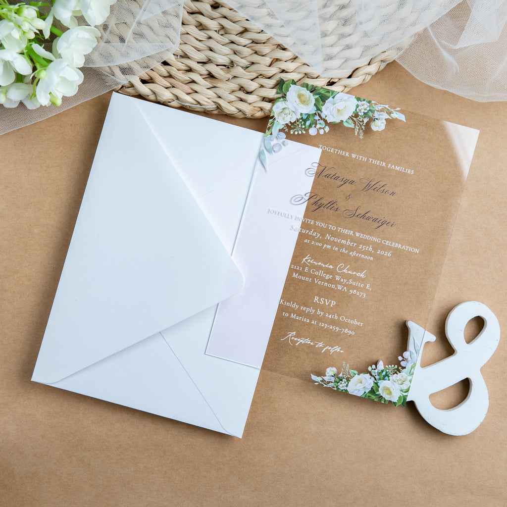 PONATIA 1mm/0.04'' Clear Acrylic White Flower Wedding Invitation Cards  and Ivory Envelopes
