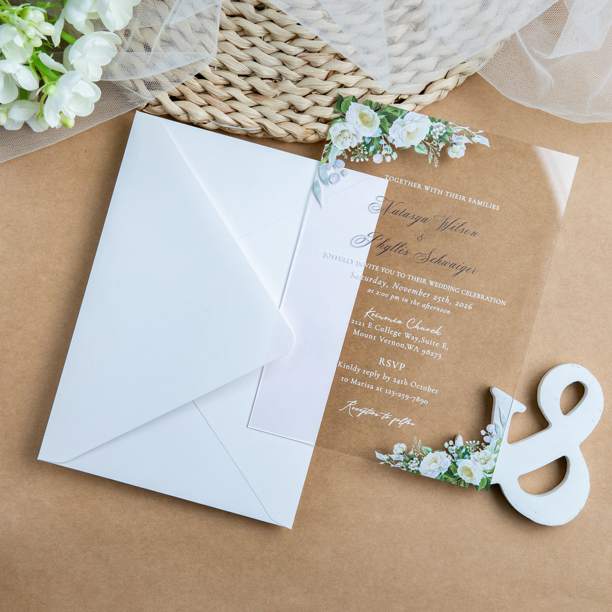 PONATIA 1mm/0.04'' Clear Acrylic White Flower Wedding Invitation Cards  and Ivory Envelopes