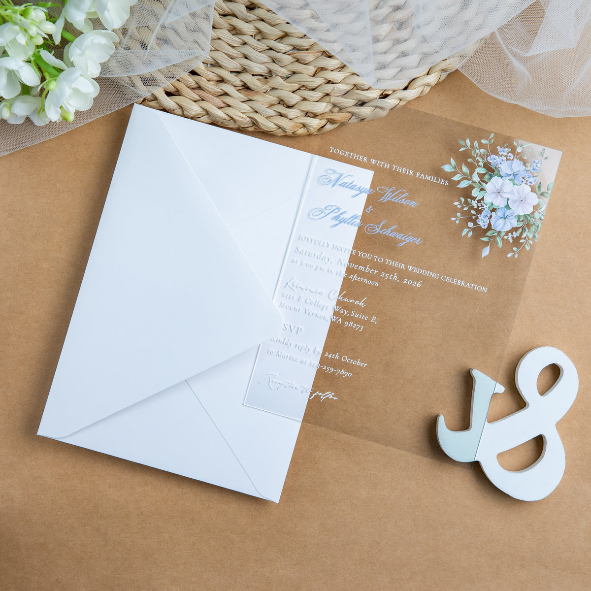 PONATIA 1mm/0.04'' Clear Acrylic Blue Flower Wedding Invitation Cards  and Ivory Envelopes