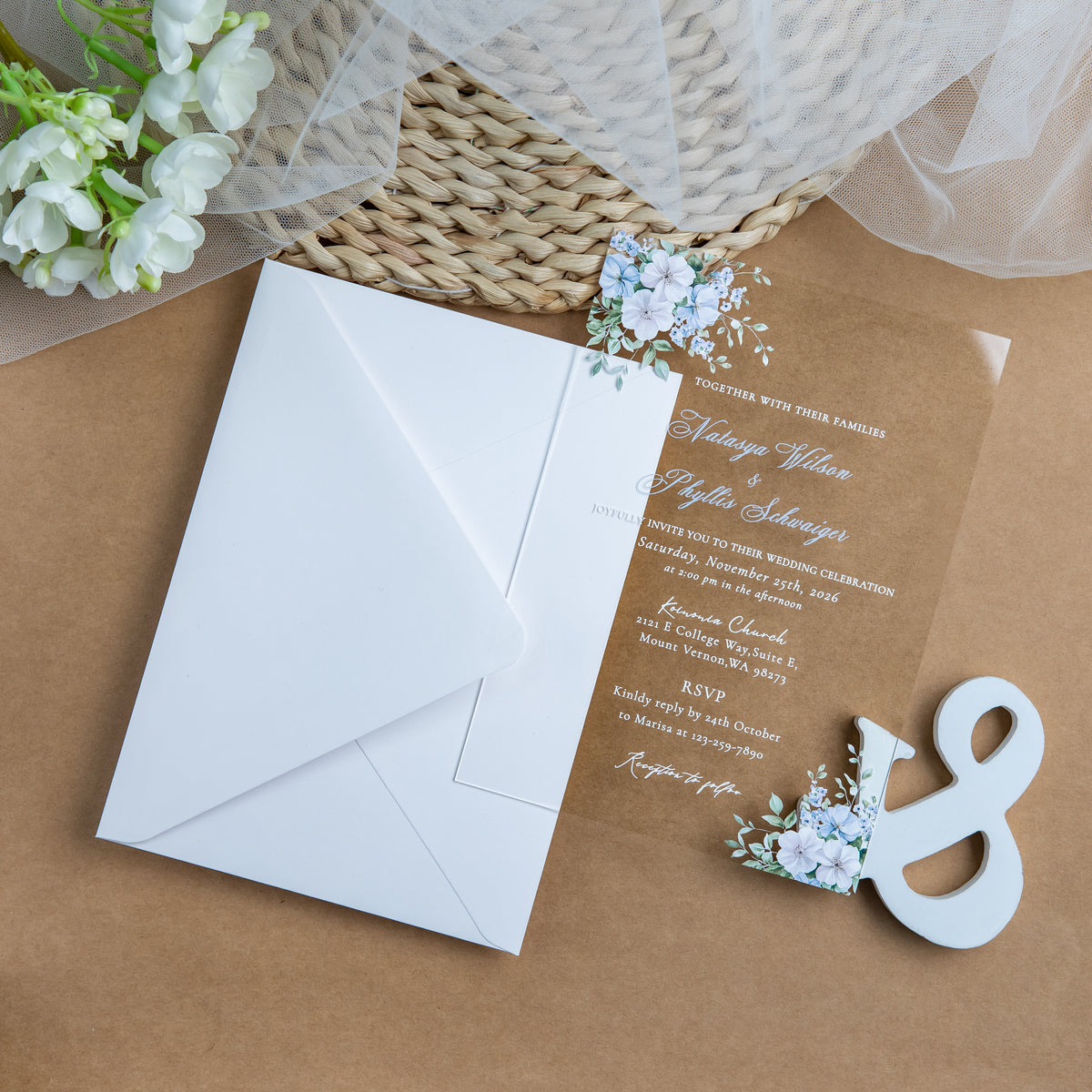 PONATIA 1mm/0.04'' Clear Acrylic Blue Floral Wedding Invitation Cards  and Ivory Envelopes