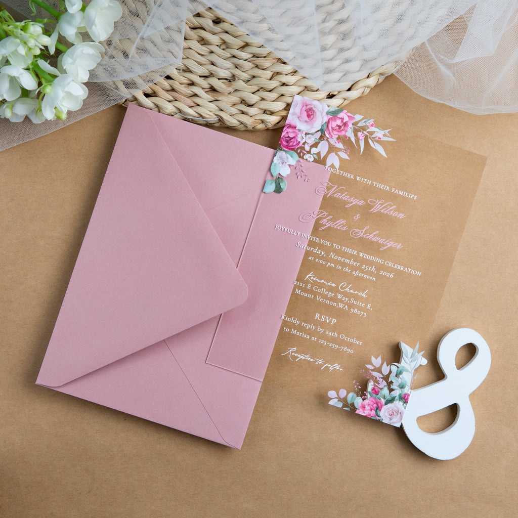 PONATIA 1mm/0.04'' Clear Acrylic Flower Wedding Invitation Cards  and Dusty Rose Envelopes