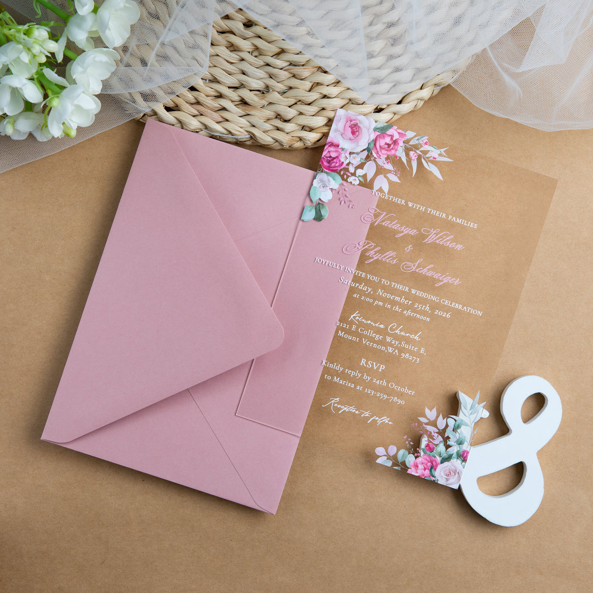 PONATIA 1mm/0.04'' Clear Acrylic Flower Wedding Invitation Cards  and Dusty Rose Envelopes