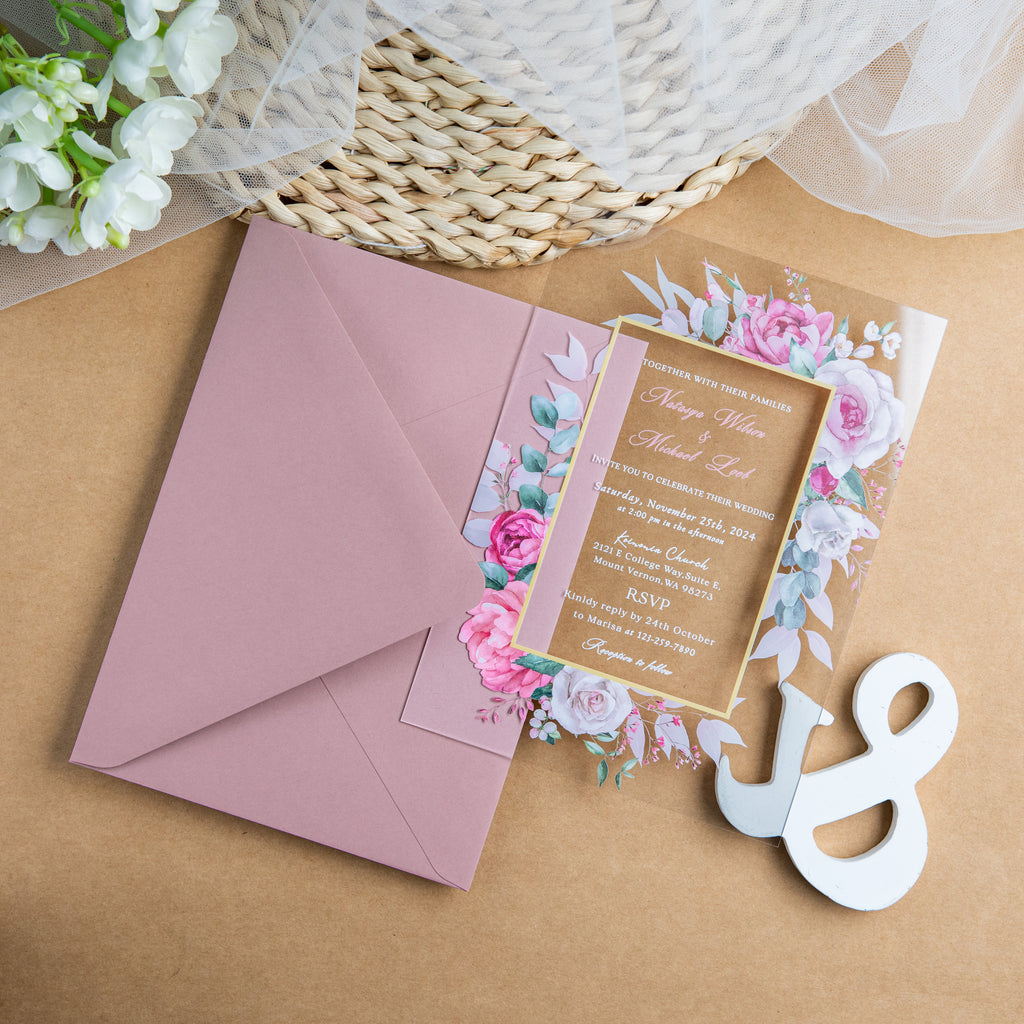 PONATIA 1mm/0.04'' Clear Acrylic Floral Wedding Invitation Cards  and Dusty Rose Envelopes