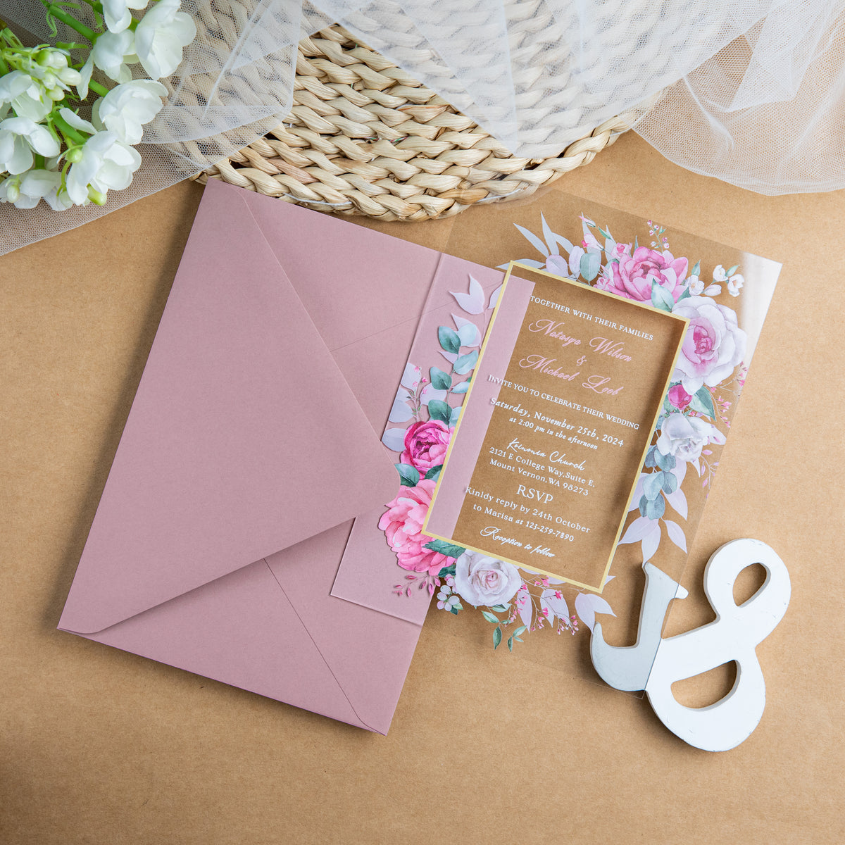 PONATIA 1mm/0.04'' Clear Acrylic Floral Wedding Invitation Cards  and Dusty Rose Envelopes