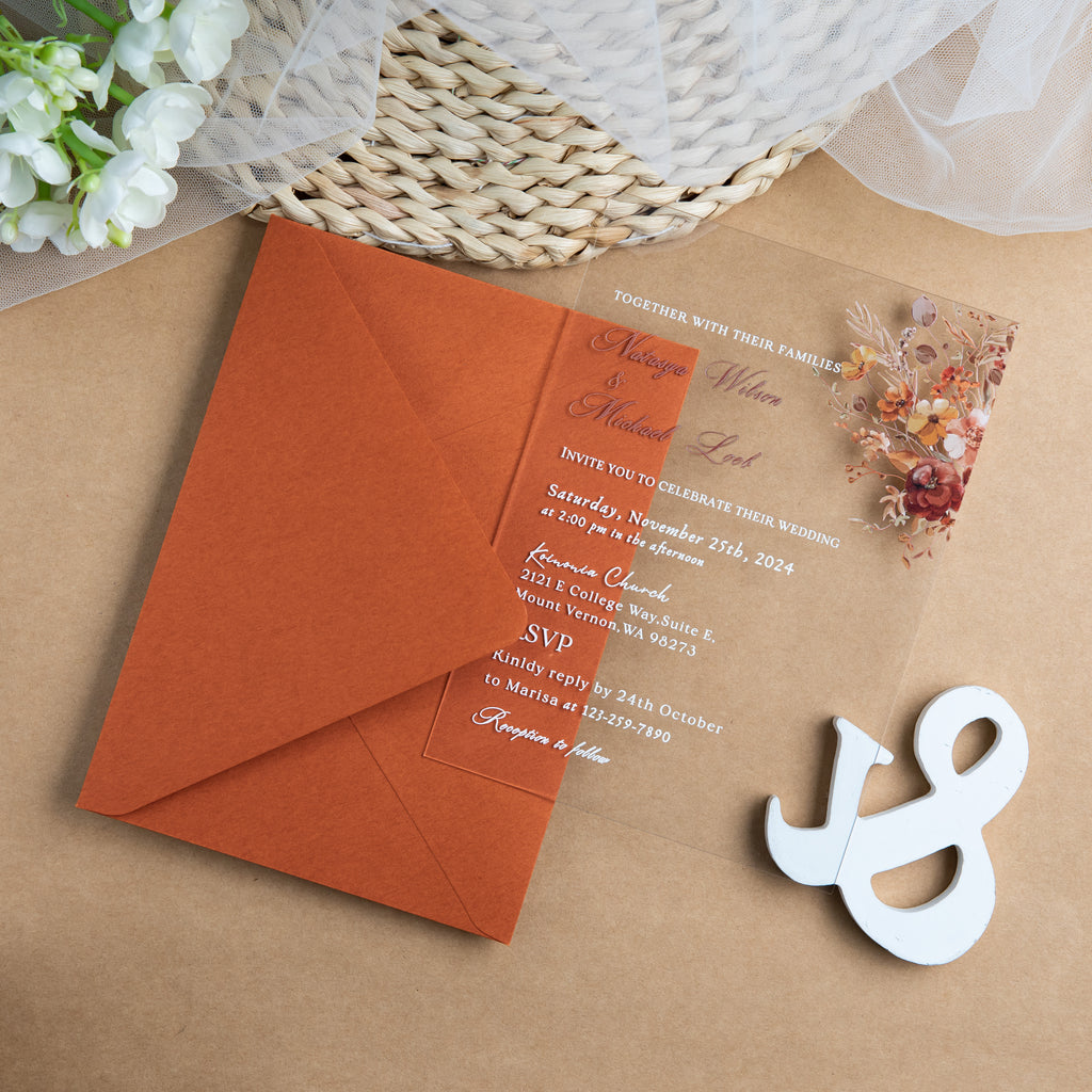 PONATIA 1mm/0.04'' Clear Acrylic Floral Wedding Invitation Cards  and Burnt Orange Envelopes