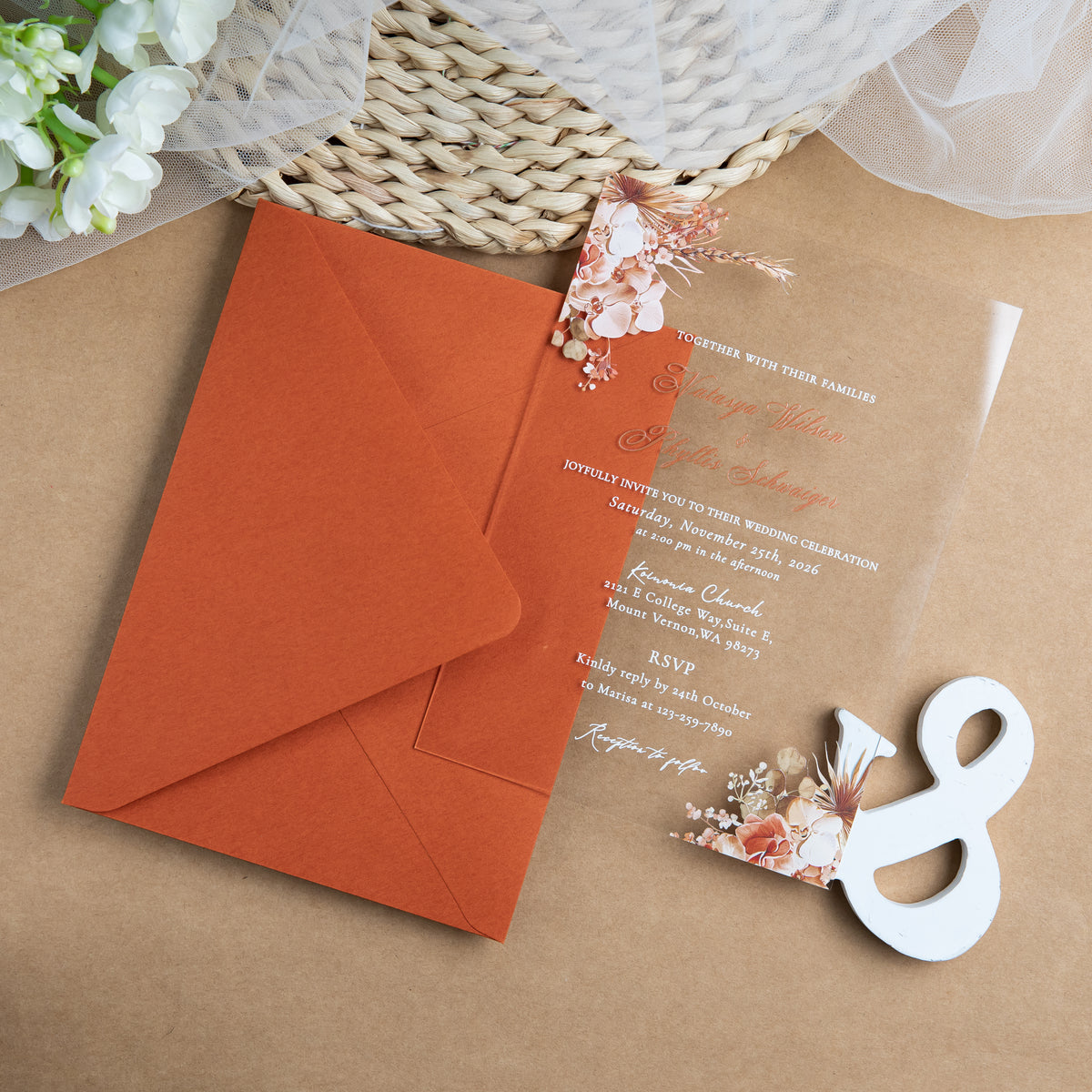 PONATIA 1mm/0.04'' Clear Acrylic Floral Wedding Invitation Cards  and Burnt Orange Envelope