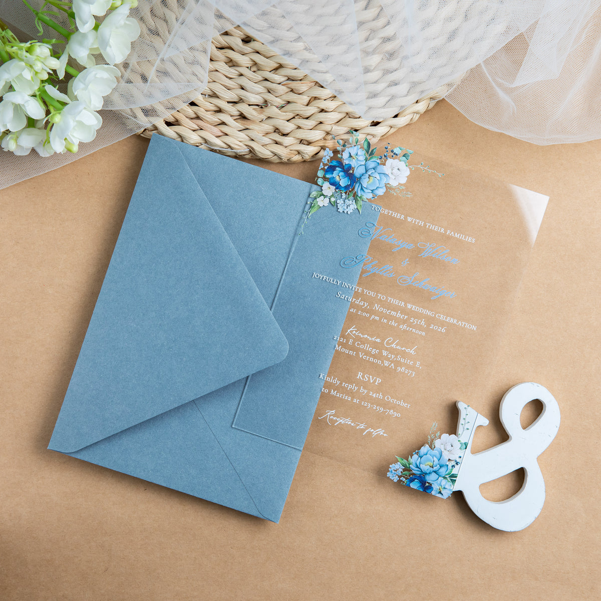 PONATIA 1mm/0.04'' Clear Acrylic Floral Wedding Invitation Cards  and Dusty Blue Envelopes