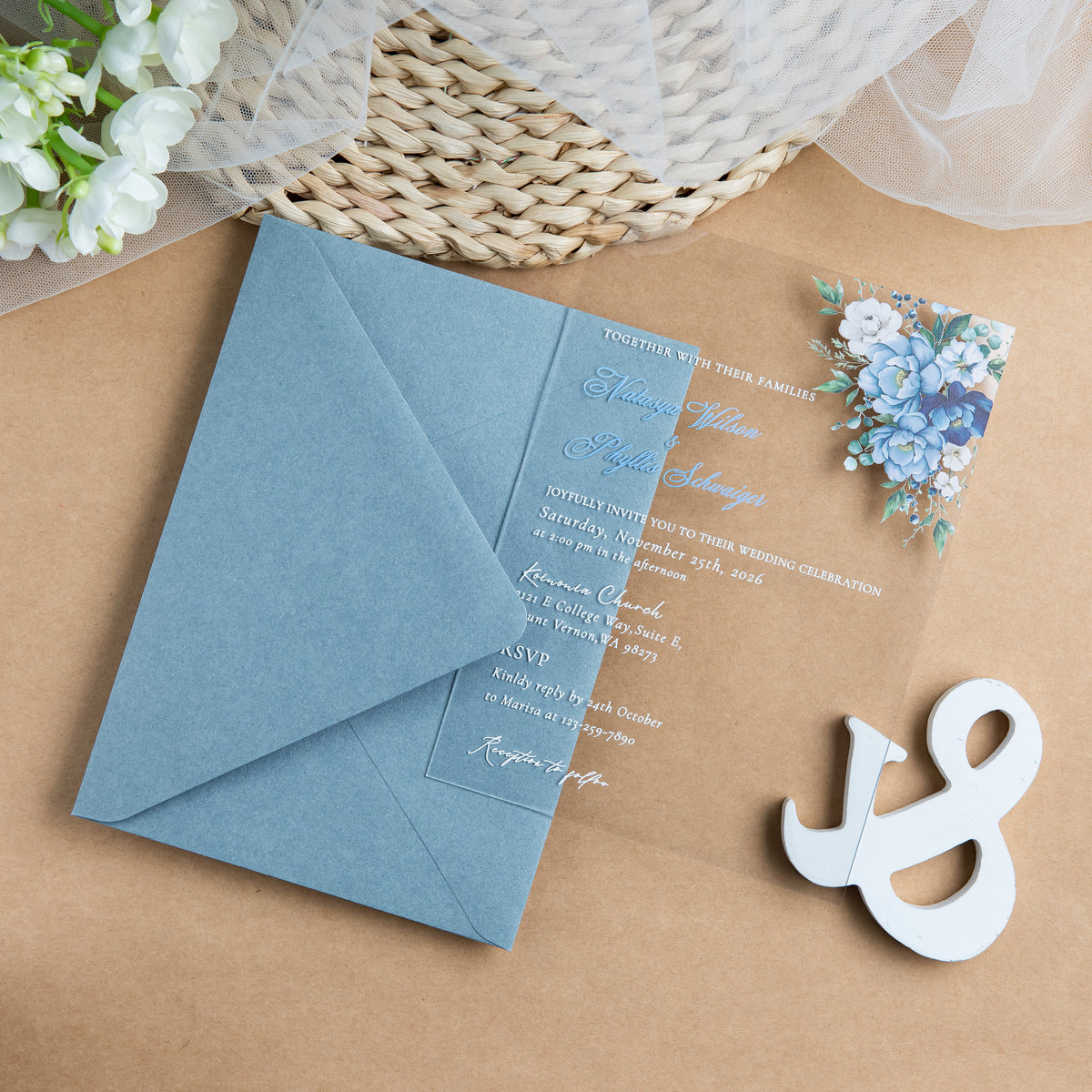 PONATIA 1mm/0.04'' Clear Acrylic Flower Wedding Invitation Cards  and Dusty Blue Envelopes