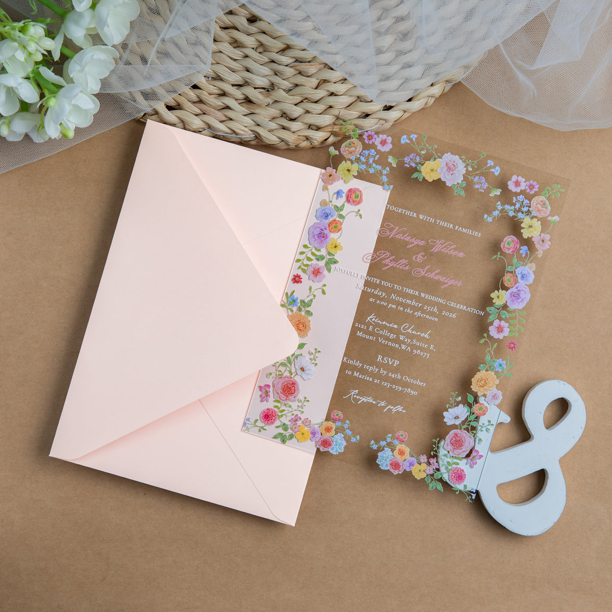 PONATIA 1mm/0.04'' Clear Acrylic Floral Wedding Invitation Cards  and Light Pink Envelopes