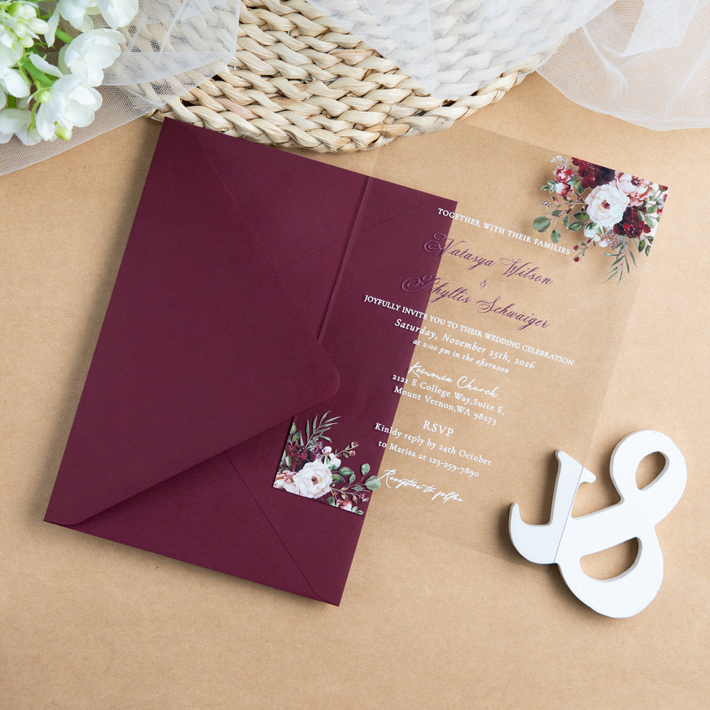 PONATIA 1mm/0.04'' Clear Acrylic Flower Wedding Invitation Cards  and Burgundy Envelopes