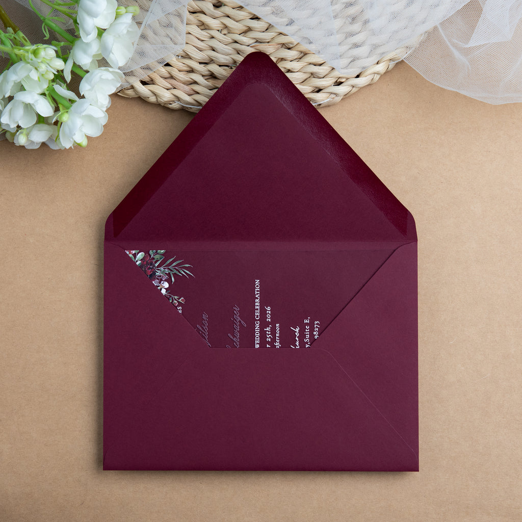 PONATIA 1mm/0.04'' Clear Acrylic Flower Wedding Invitation Cards  and Burgundy Envelopes