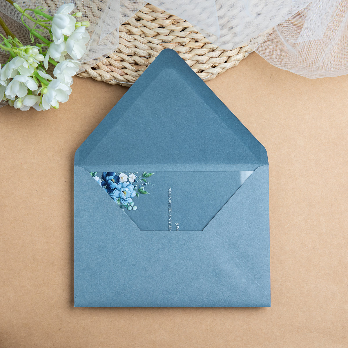 PONATIA 1mm/0.04'' Clear Acrylic Floral Wedding Invitation Cards  and Dusty Blue Envelopes
