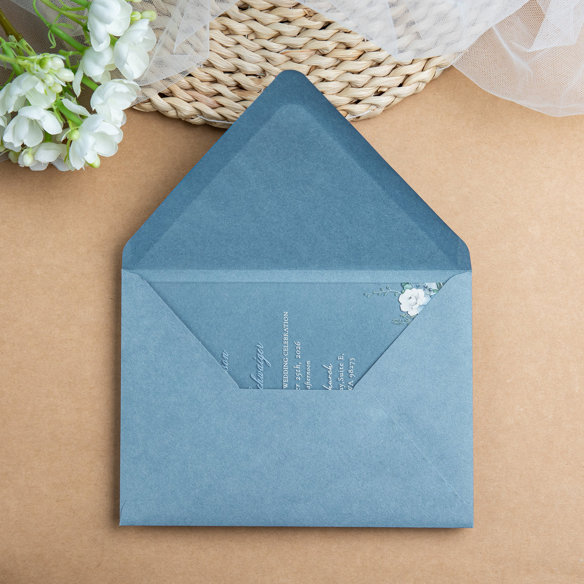PONATIA 1mm/0.04'' Clear Acrylic Flower Wedding Invitation Cards  and Dusty Blue Envelopes