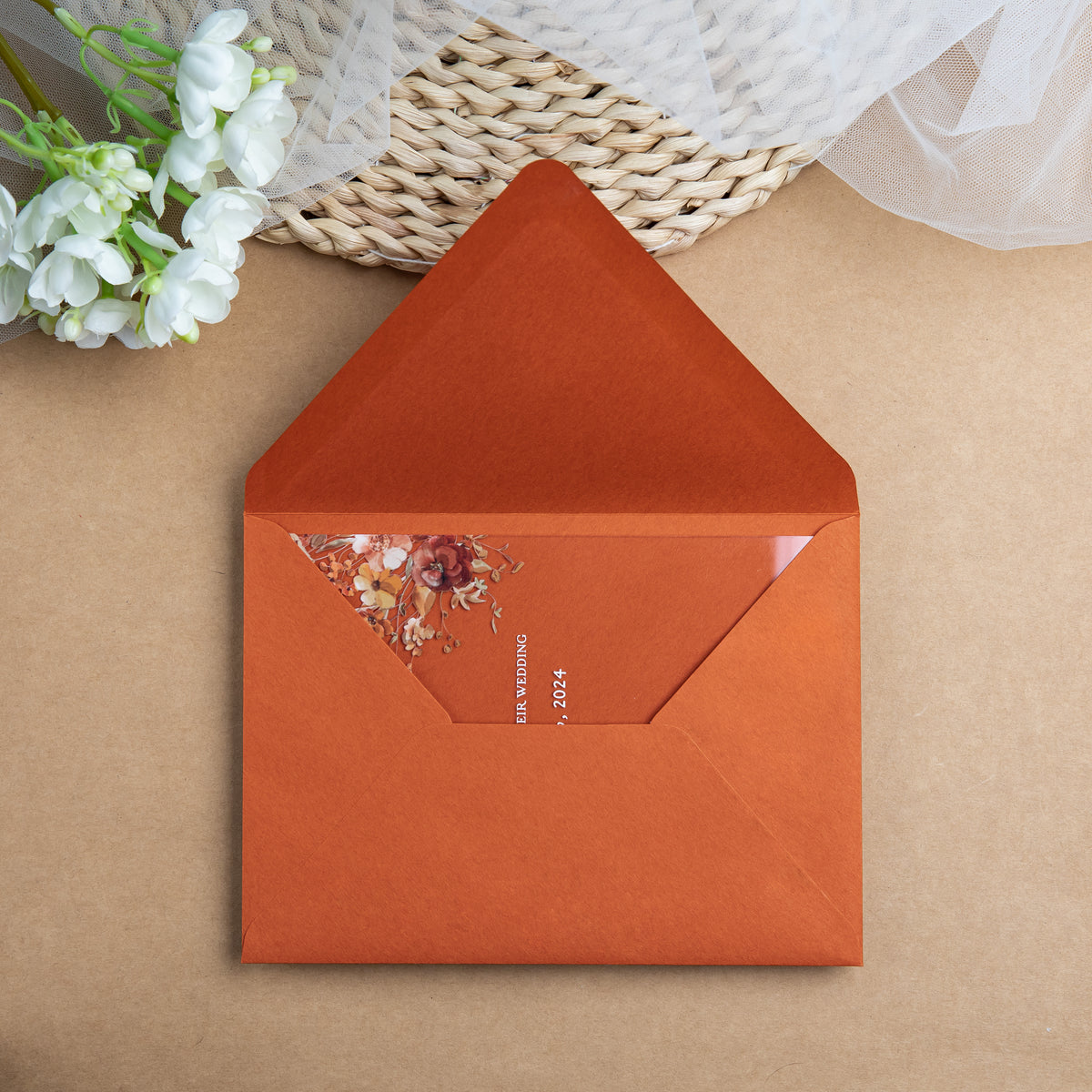 PONATIA 1mm/0.04'' Clear Acrylic Floral Wedding Invitation Cards  and Burnt Orange Envelopes
