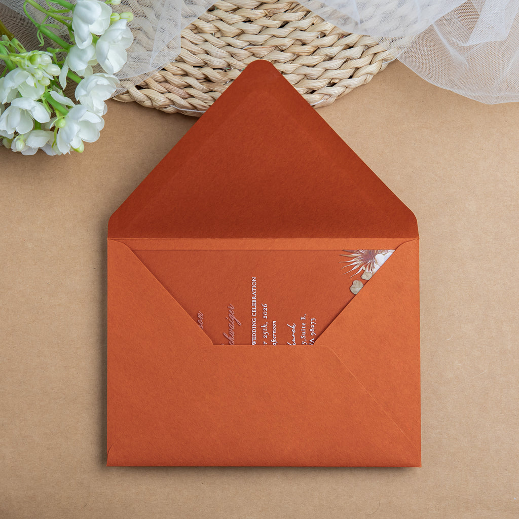 PONATIA 1mm/0.04'' Clear Acrylic Floral Wedding Invitation Cards  and Burnt Orange Envelope