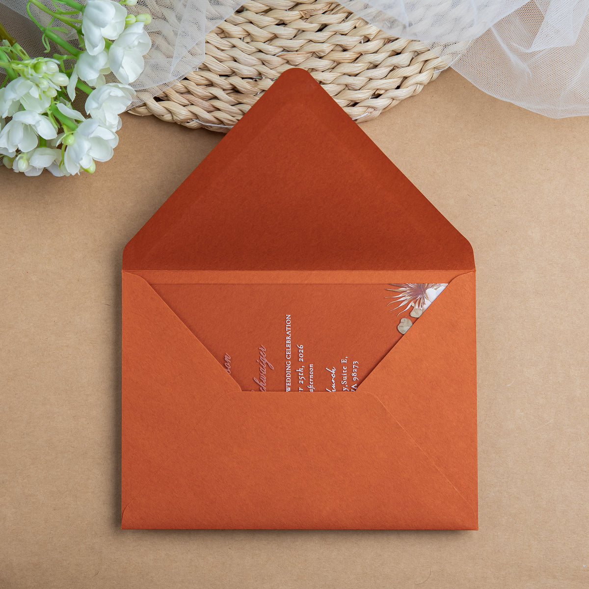 PONATIA 1mm/0.04'' Clear Acrylic Floral Wedding Invitation Cards  and Burnt Orange Envelope