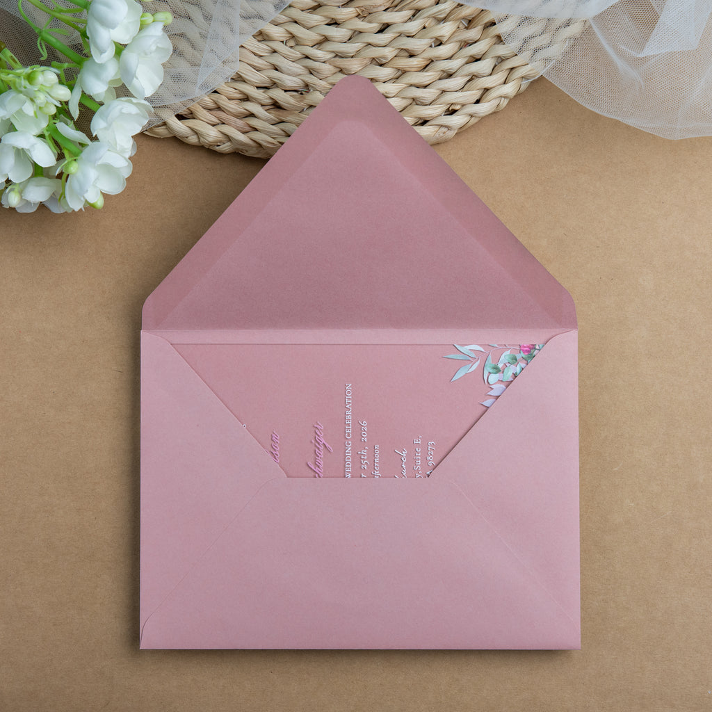 PONATIA 1mm/0.04'' Clear Acrylic Flower Wedding Invitation Cards  and Dusty Rose Envelopes