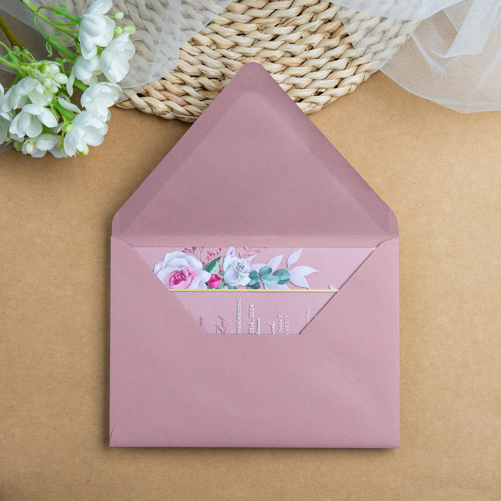 PONATIA 1mm/0.04'' Clear Acrylic Floral Wedding Invitation Cards  and Dusty Rose Envelopes