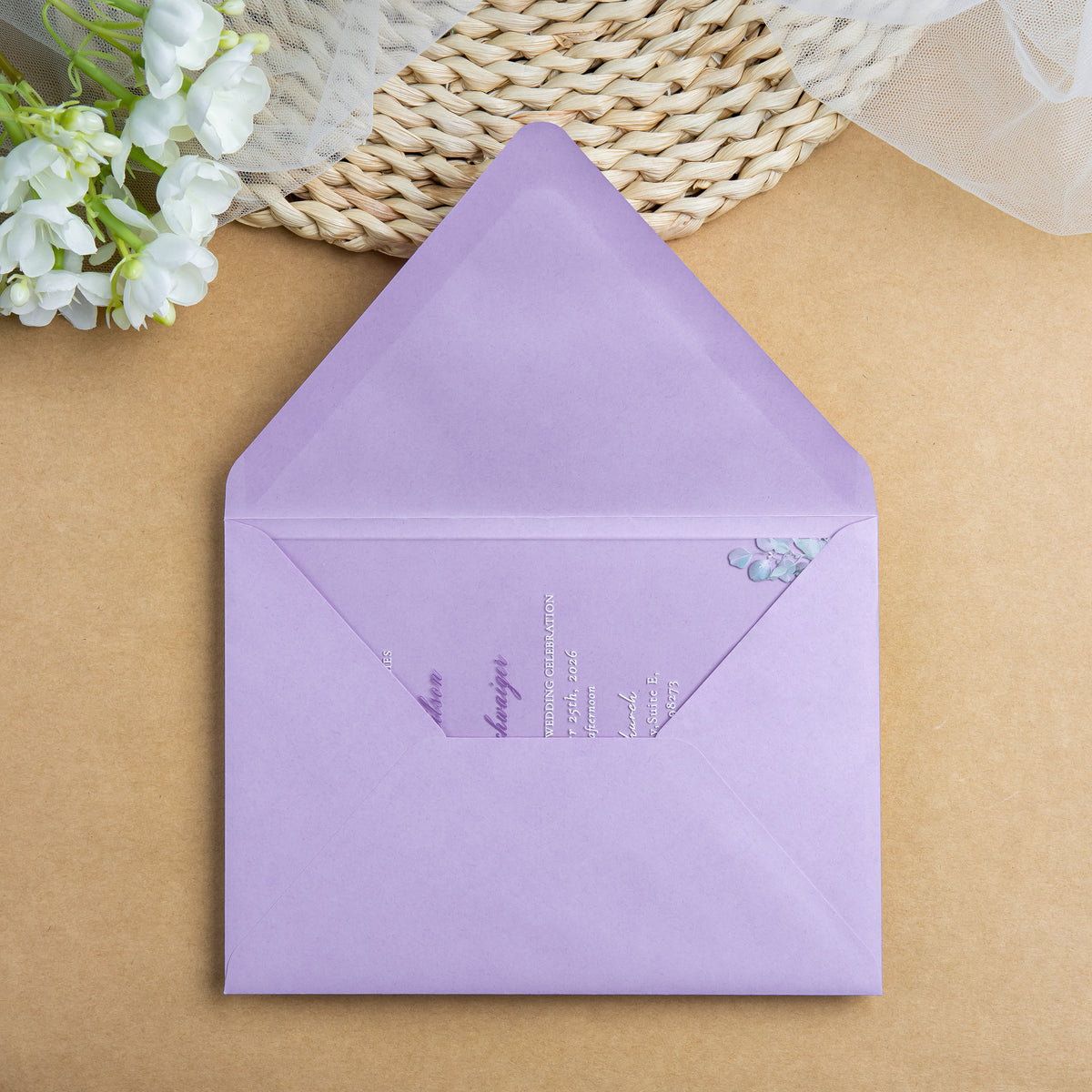 PONATIA 1mm/0.04'' Clear Acrylic Flower Wedding Invitation Cards  and Lilac Envelopes