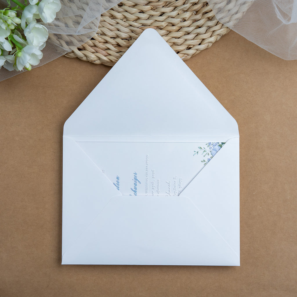 PONATIA 1mm/0.04'' Clear Acrylic Blue Floral Wedding Invitation Cards  and Ivory Envelopes