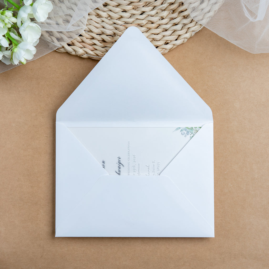 PONATIA 1mm/0.04'' Clear Acrylic White Flower Wedding Invitation Cards  and Ivory Envelopes
