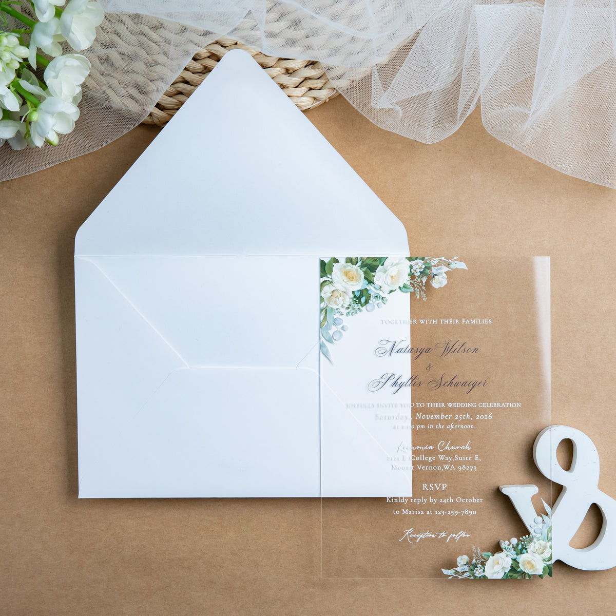 PONATIA 1mm/0.04'' Clear Acrylic White Flower Wedding Invitation Cards  and Ivory Envelopes