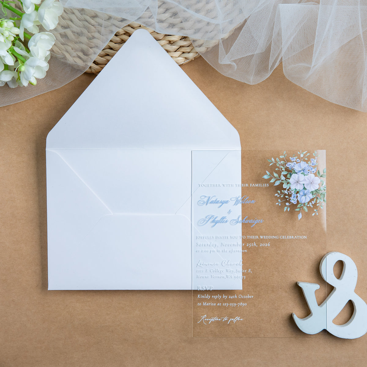 PONATIA 1mm/0.04'' Clear Acrylic Blue Flower Wedding Invitation Cards  and Ivory Envelopes