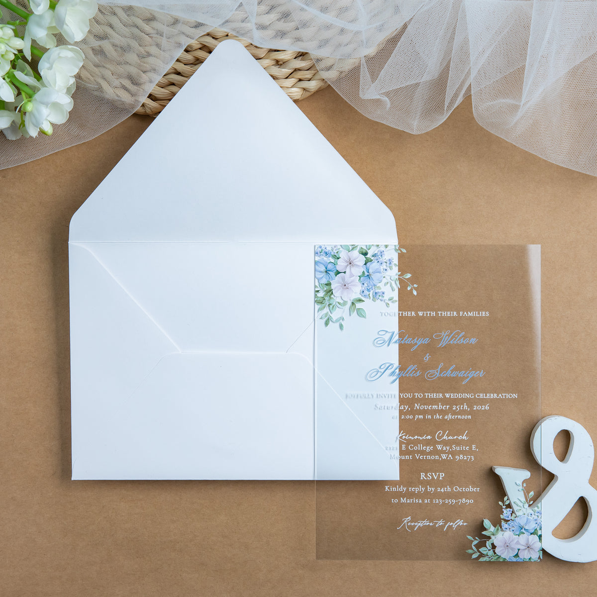 PONATIA 1mm/0.04'' Clear Acrylic Blue Floral Wedding Invitation Cards  and Ivory Envelopes
