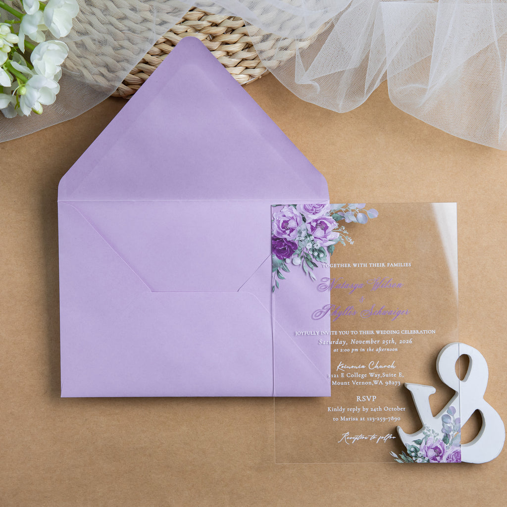 PONATIA 1mm/0.04'' Clear Acrylic Flower Wedding Invitation Cards  and Lilac Envelopes