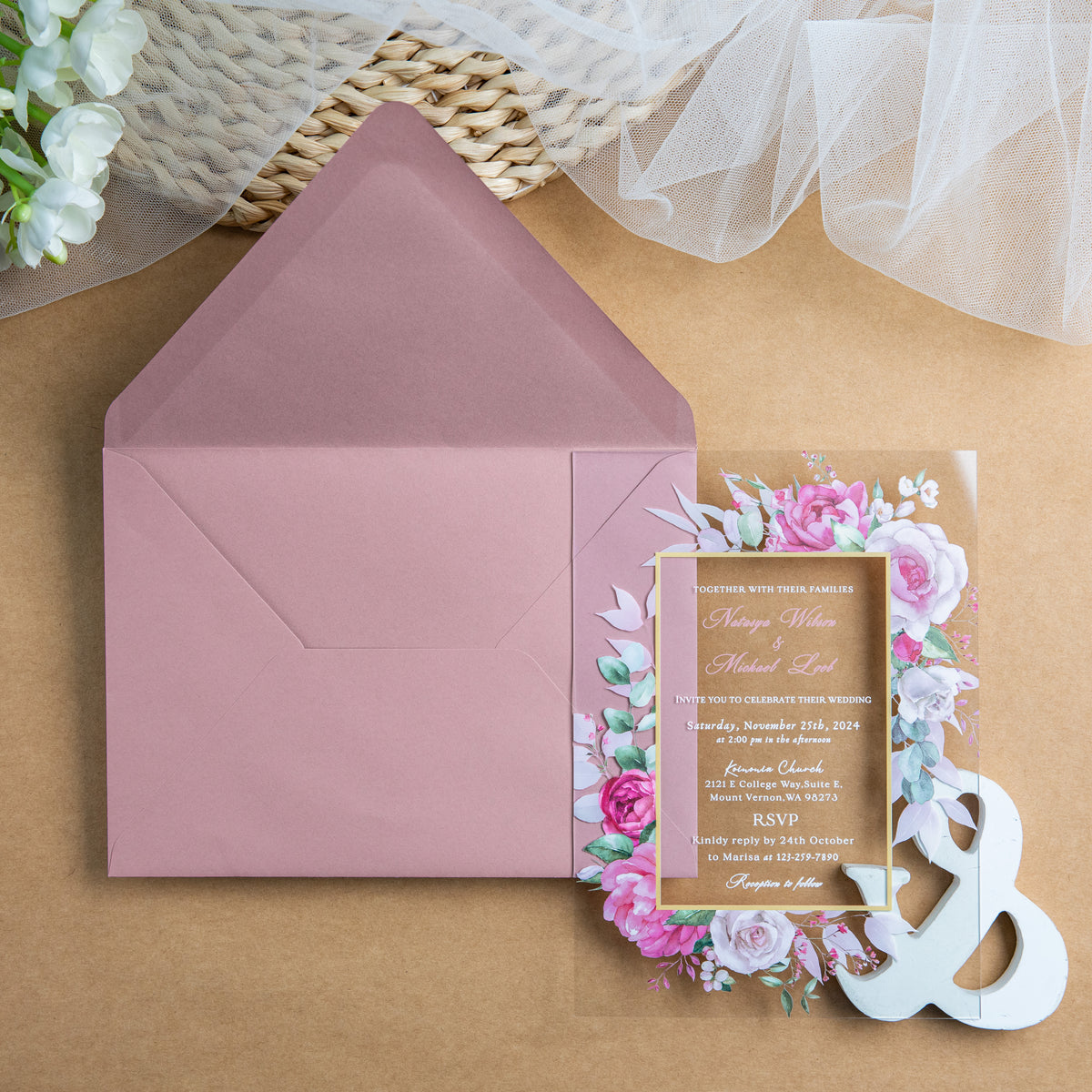 PONATIA 1mm/0.04'' Clear Acrylic Floral Wedding Invitation Cards  and Dusty Rose Envelopes
