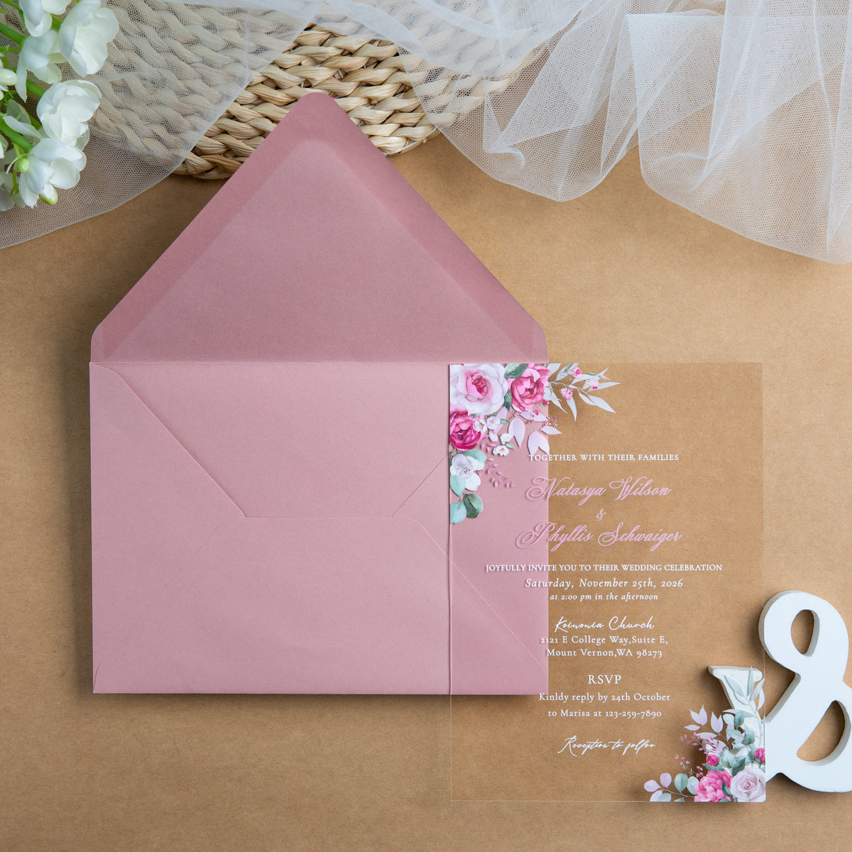 PONATIA 1mm/0.04'' Clear Acrylic Flower Wedding Invitation Cards  and Dusty Rose Envelopes