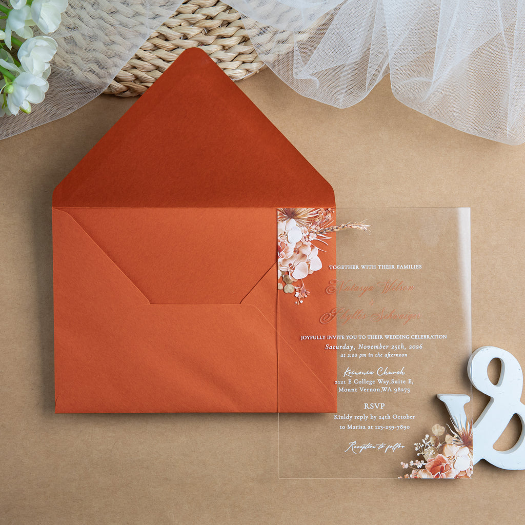 PONATIA 1mm/0.04'' Clear Acrylic Floral Wedding Invitation Cards  and Burnt Orange Envelope