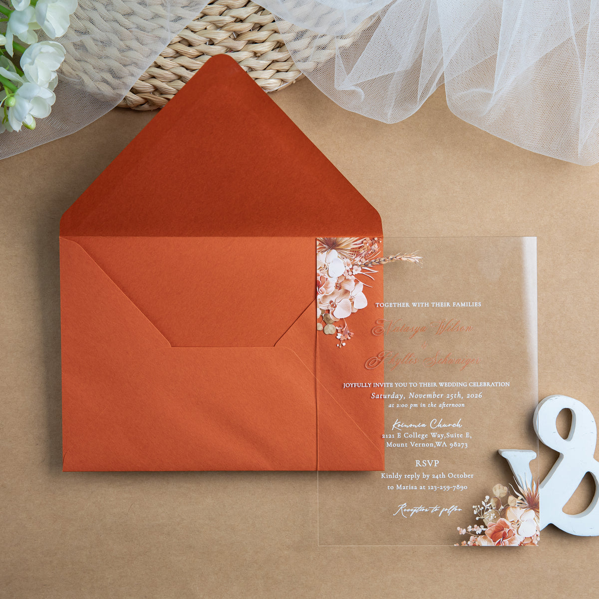 PONATIA 1mm/0.04'' Clear Acrylic Floral Wedding Invitation Cards  and Burnt Orange Envelope