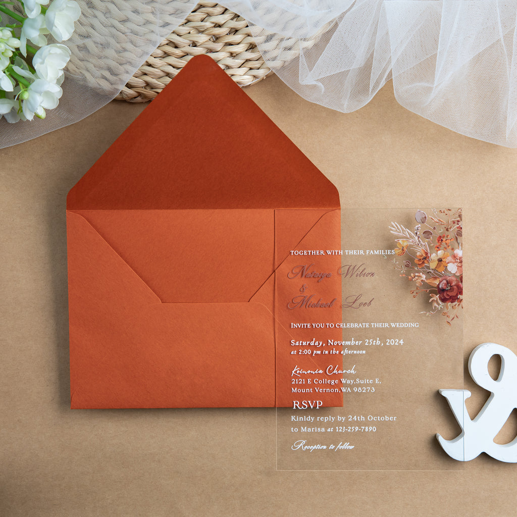 PONATIA 1mm/0.04'' Clear Acrylic Floral Wedding Invitation Cards  and Burnt Orange Envelopes
