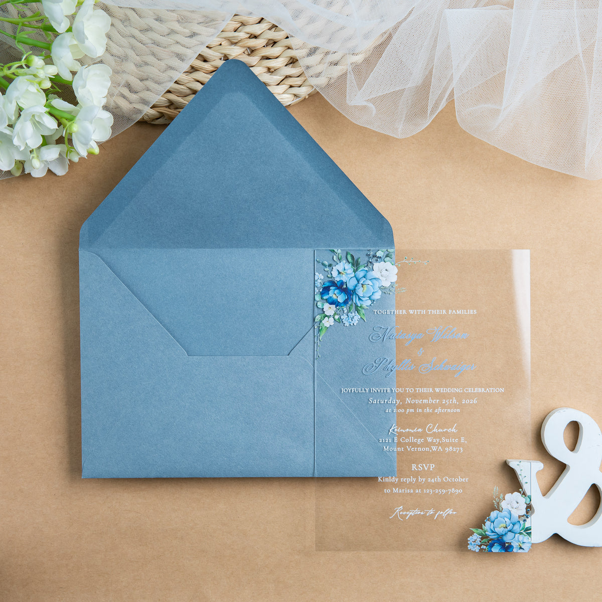 PONATIA 1mm/0.04'' Clear Acrylic Floral Wedding Invitation Cards  and Dusty Blue Envelopes