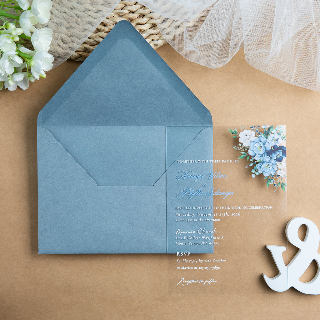 PONATIA 1mm/0.04'' Clear Acrylic Flower Wedding Invitation Cards  and Dusty Blue Envelopes