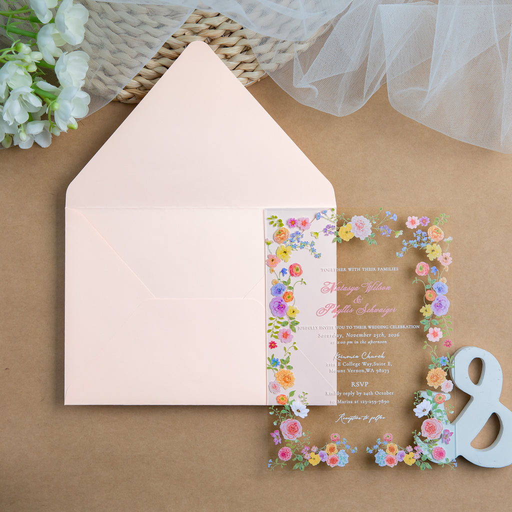 PONATIA 1mm/0.04'' Clear Acrylic Floral Wedding Invitation Cards  and Light Pink Envelopes