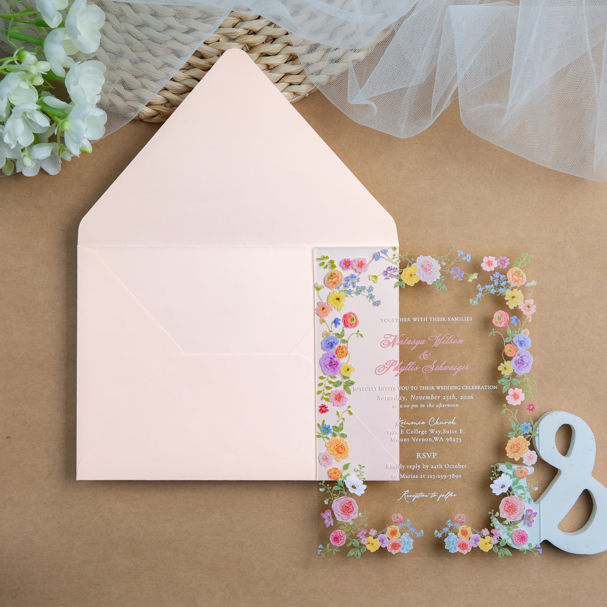 PONATIA 1mm/0.04'' Clear Acrylic Floral Wedding Invitation Cards  and Light Pink Envelopes