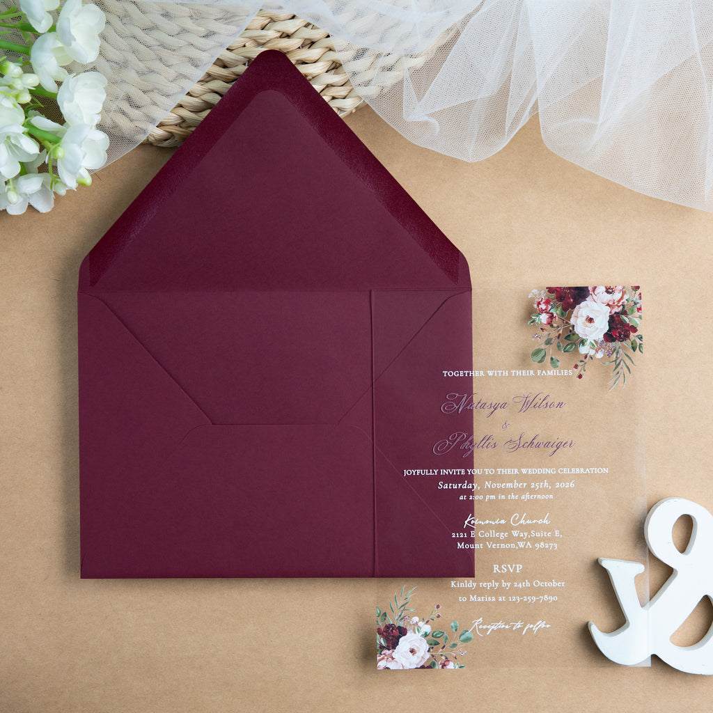 PONATIA 1mm/0.04'' Clear Acrylic Flower Wedding Invitation Cards  and Burgundy Envelopes