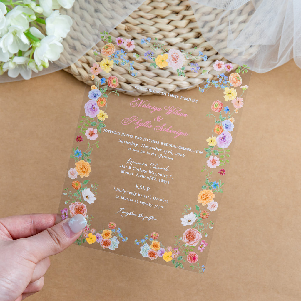 PONATIA 1mm/0.04'' Clear Acrylic Floral Wedding Invitation Cards  and Light Pink Envelopes