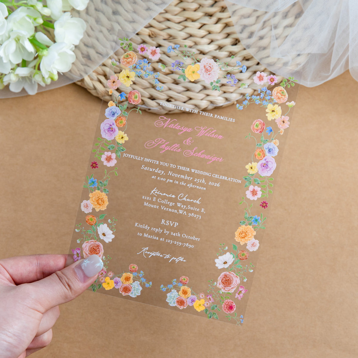 PONATIA 1mm/0.04'' Clear Acrylic Floral Wedding Invitation Cards  and Light Pink Envelopes