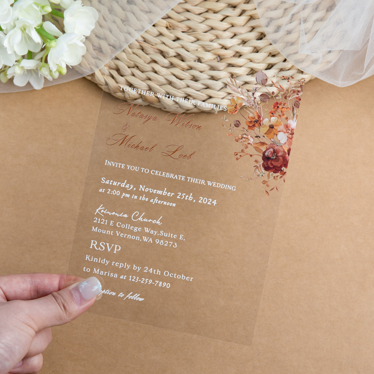 PONATIA 1mm/0.04'' Clear Acrylic Floral Wedding Invitation Cards  and Burnt Orange Envelopes