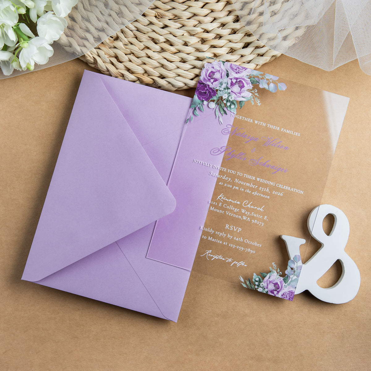 PONATIA 1mm/0.04'' Clear Acrylic Flower Wedding Invitation Cards  and Lilac Envelopes