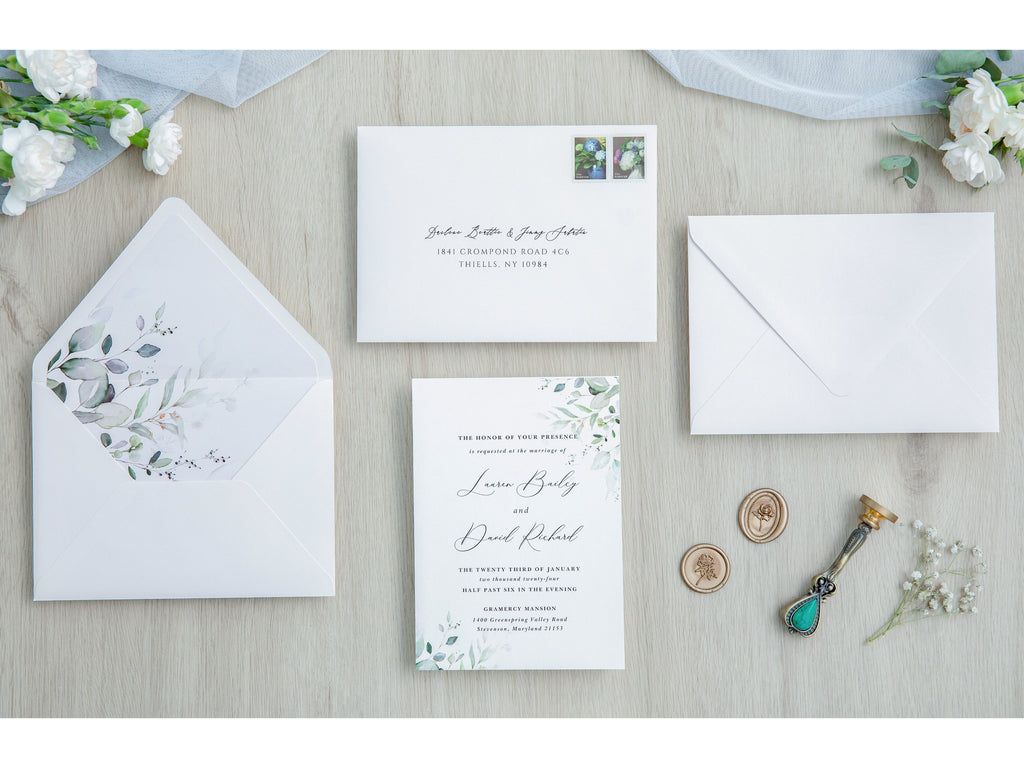 PONATIA 50 Pieces White & Green Leaves Liner Euro Flap Envelopes for  Wedding Invitation Card