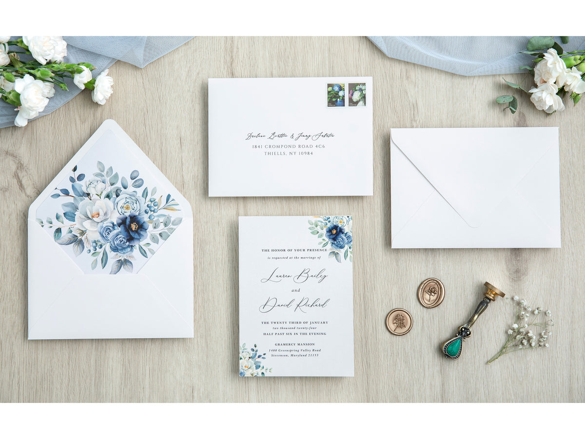 PONATIA 50 Pieces White & Dusty Blue Liner Euro Flap Envelopes for  Wedding Invitation Card